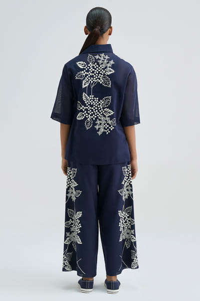 Peachoo Indigo damask stitched cutwork top PEACAUG26D553195