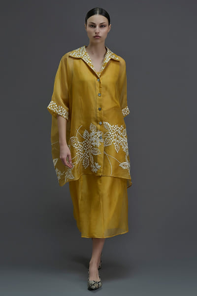 Peachoo Saffron damask cutwork buttoned tunic PEACAUG26D351006