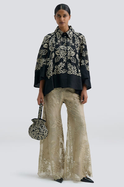 Peachoo Black damask stitched cutwork jacket PEACJUL26D250960