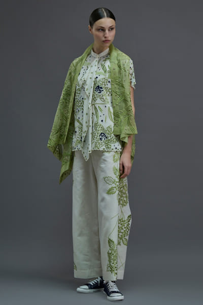 Peachoo Ecru damask stitched cutwork pants PEACAUG26D452880