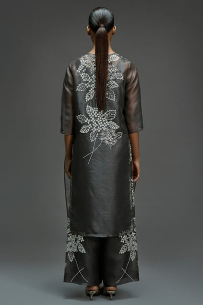 Peachoo Charcoal grey stitched cutwork pants PEACAUG26D350997