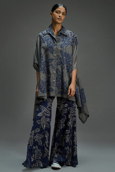 Peachoo Indigo and grey stitched cutwork palazzos PEACAUG26D350995