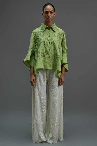 Peachoo Ecru damask stitch cutwork palazzos PEACAUG26D452878