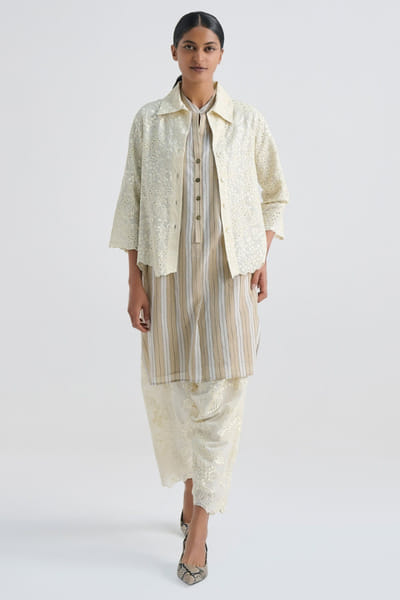 Peachoo Ecru damask stitched cutwork salwar PEACJUL26D250970