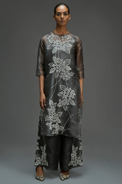Peachoo Charcoal grey stitched cutwork long kurta PEACAUG26D350996
