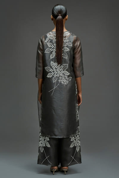 Peachoo Charcoal grey stitched cutwork long kurta PEACAUG26D350996