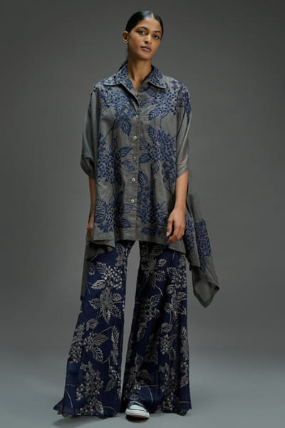 Peachoo Grey and indigo stitched cutwork cape PEACAUG26D350994