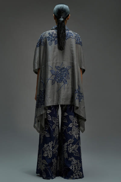 Peachoo Grey and indigo stitched cutwork cape PEACAUG26D350994