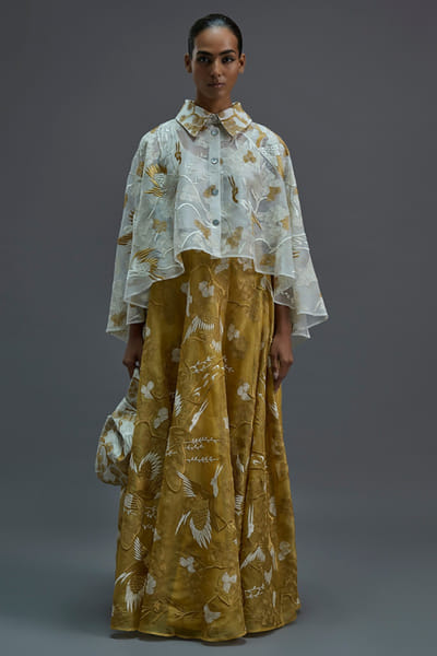 Peachoo Ecru embroidered bird motif asymmetric cape PEACAUG26D350989