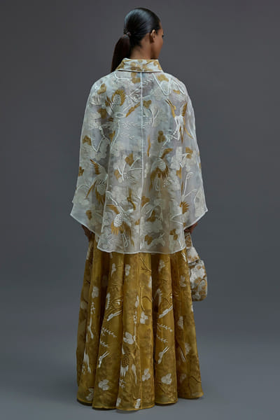 Peachoo Ecru embroidered bird motif asymmetric cape PEACAUG26D350989
