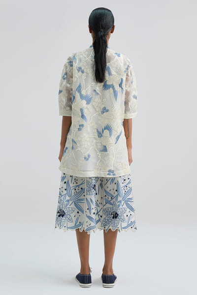 Peachoo Ecru-blue embroidered bird motif top PEACAUG26D553187