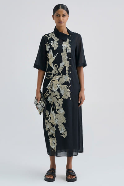 Peachoo Black embroidered bird motif dress PEACJUL26D149886