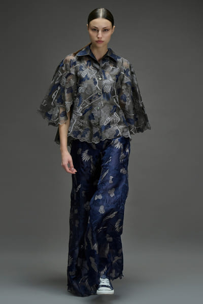 Peachoo Indigo-grey embroidered bird motif palazzos PEACAUG26D350992