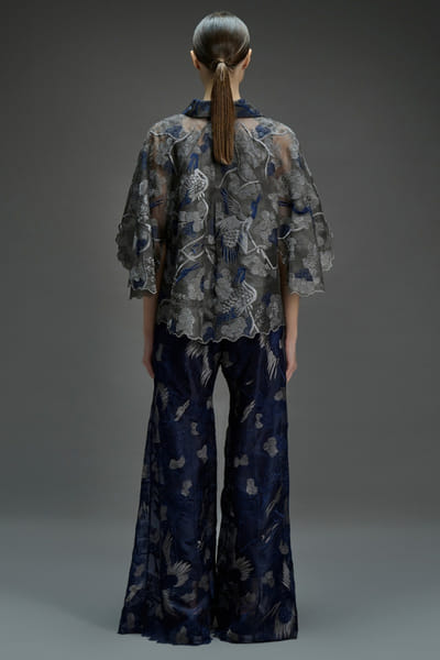 Peachoo Indigo-grey embroidered bird motif palazzos PEACAUG26D350992