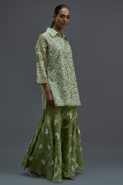 Peachoo Grass green embroidered bird motif sharara PEACAUG26D351005