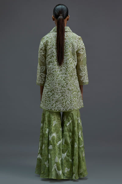 Peachoo Grass green embroidered bird motif sharara PEACAUG26D351005