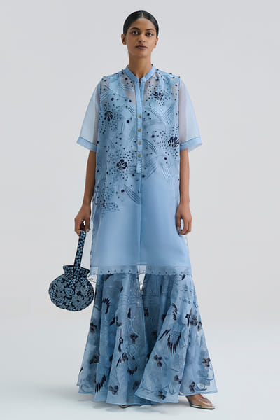 Peachoo Blue embroidered bird motif sharara PEACAUG26D553186