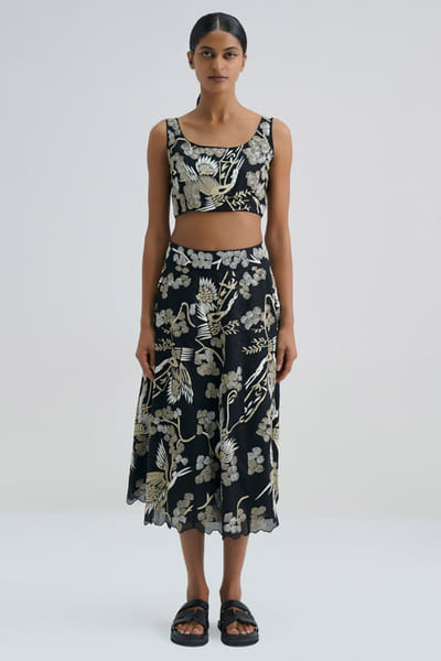 Peachoo Black embroidered bird motif midi skirt PEACJUL26D149891