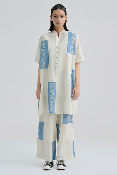 Peachoo Ecru-blue contrast stitch patchwork tunic PEACAUG26D553174