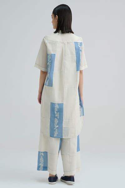 Peachoo Ecru-blue contrast stitch patchwork tunic PEACAUG26D553174