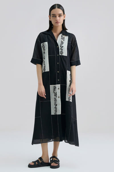 Peachoo Black contrast stitch patchwork midi dress PEACJUL26D149880