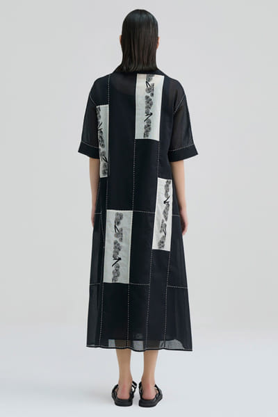 Peachoo Black contrast stitch patchwork midi dress PEACJUL26D149880