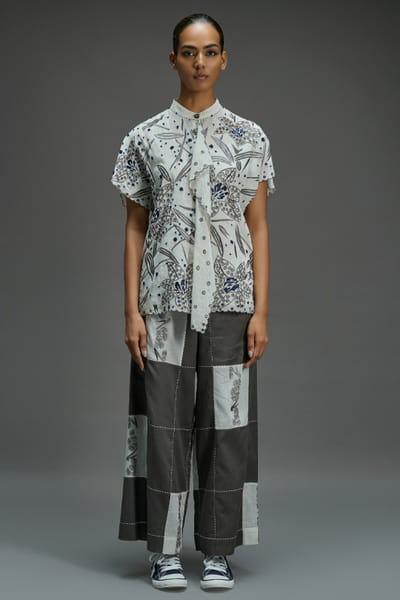 Peachoo Grey-ecru contrast stitch patchwork pants PEACAUG26D350993