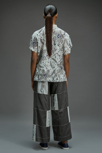 Peachoo Grey-ecru contrast stitch patchwork pants PEACAUG26D350993