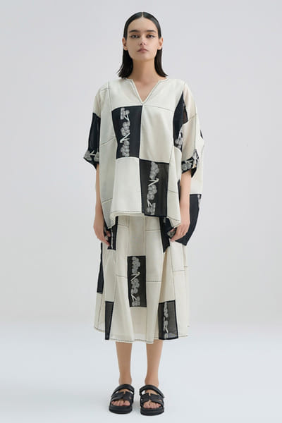 Peachoo Ecru contrast patchwork handloom skirt PEACJUL26D149895