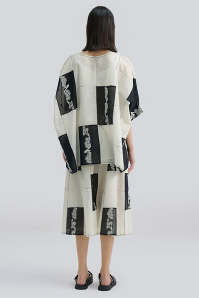 Peachoo Ecru contrast patchwork handloom skirt PEACJUL26D149895