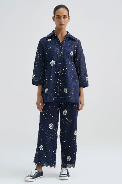 Peachoo Indigo cutwork-French knot embroidered jacket PEACAUG26D553197