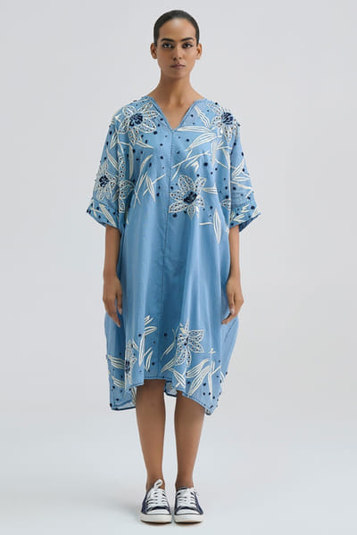 Peachoo Blue cutwork and French knot embroidered dress PEACAUG26D452894