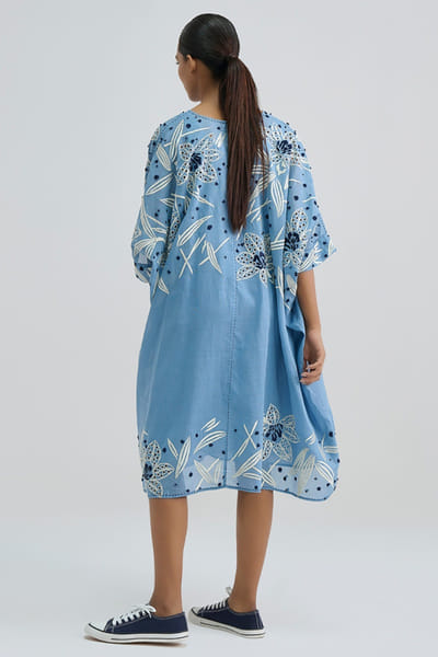 Peachoo Blue cutwork and French knot embroidered dress PEACAUG26D452894