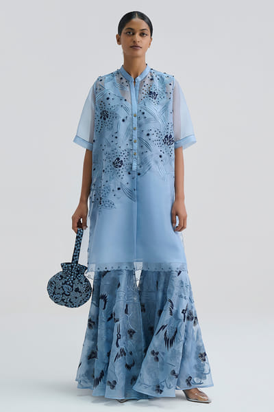 Peachoo Blue cutwork and French knot embroidered tunic PEACAUG26D553185