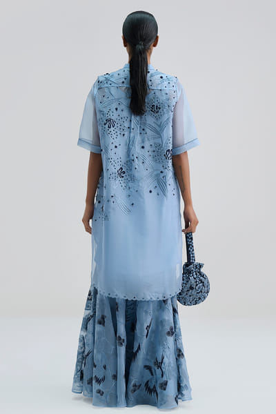 Peachoo Blue cutwork and French knot embroidered tunic PEACAUG26D553185