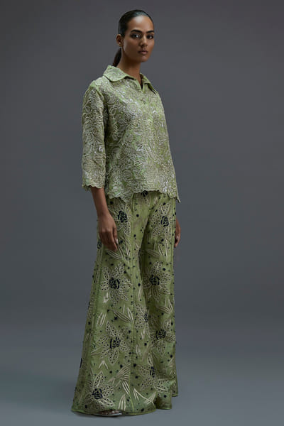 Peachoo Green cutwork-French knot embroidered palazzos PEACAUG26D452889