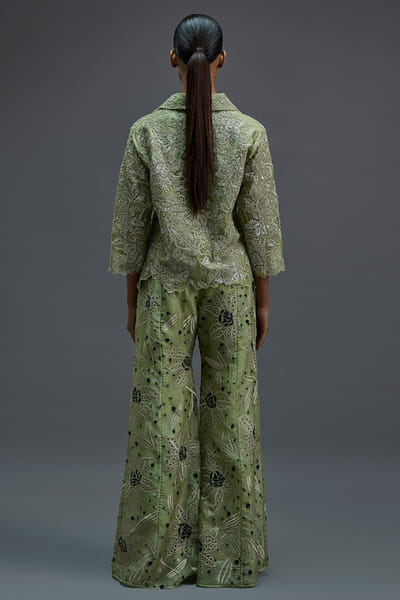 Peachoo Green cutwork-French knot embroidered palazzos PEACAUG26D452889