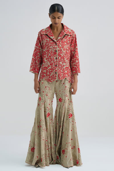Peachoo Beige french knot hand embroidered palazzos PEACJUL26D250959