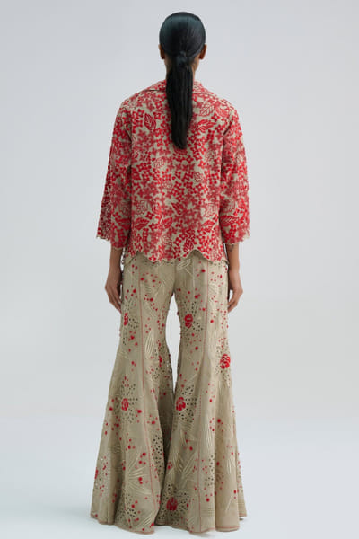 Peachoo Beige french knot hand embroidered palazzos PEACJUL26D250959