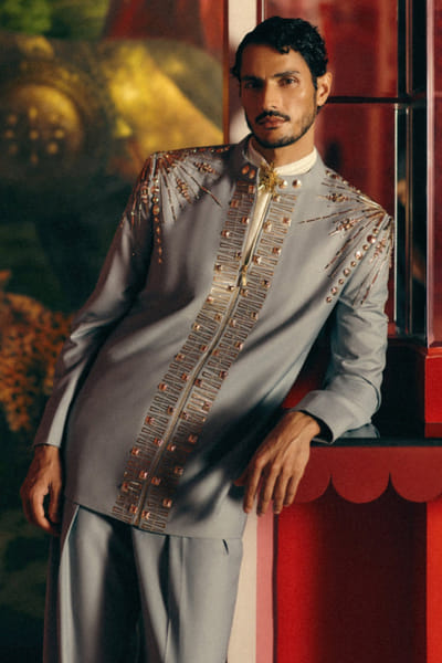 Papa Don't Preach Blue hand embroidered linear motif jacket set PAPAJUL26D149403