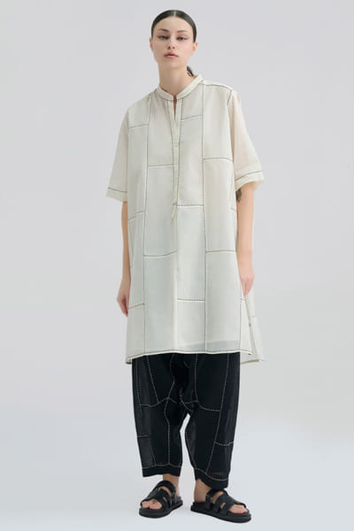 Peachoo Ecru contrast hand stitched tunic PEACJUL26D149881