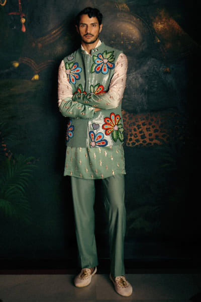 Papa Don't Preach Green sequin hand embroidered floral bandi set PAPAJUL26D149401