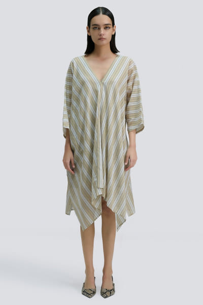 Peachoo Light beige yarn dyed stripe dress PEACJUL26D250967