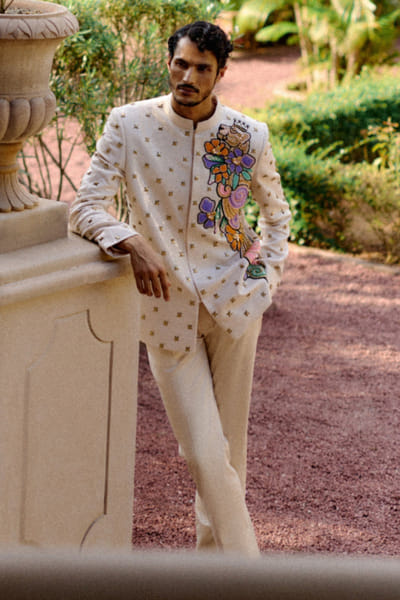 Papa Don't Preach Beige floral hand embroidered jacket set PAPAJUL26D149405