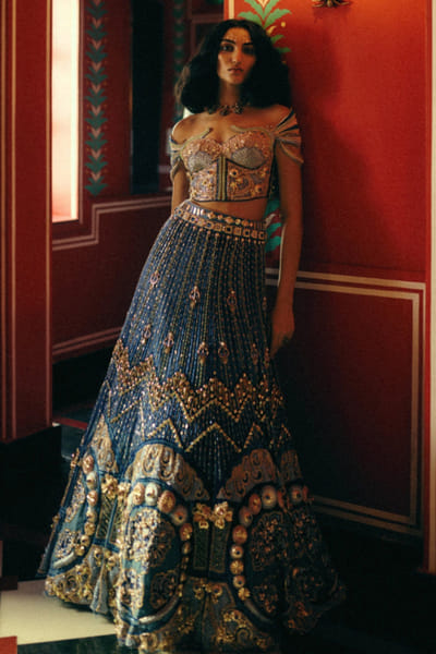 Papa Don't Preach Blue hand embroidered corset-lehenga set PAPAJUL26D149389