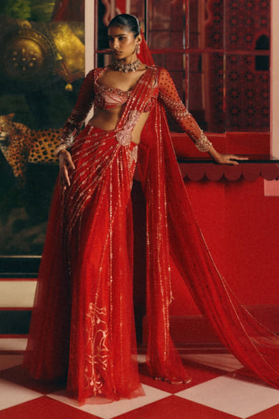 Papa Don't Preach Red hand embroidered pre-draped sari set PAPAJUL26D149392