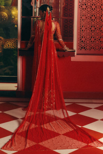 Papa Don't Preach Red hand embroidered pre-draped sari set PAPAJUL26D149392