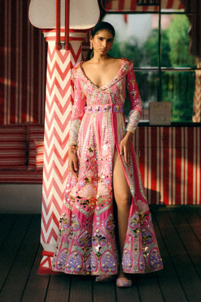Papa Don't Preach Pink hand embroidered long flared jacket set PAPAJUL26D149395