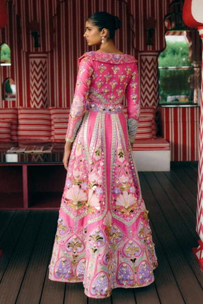 Papa Don't Preach Pink hand embroidered long flared jacket set PAPAJUL26D149395