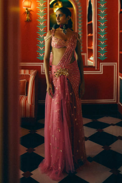 Papa Don't Preach Rose pink hand embroidered pre-draped sari set PAPAJUL26D149397